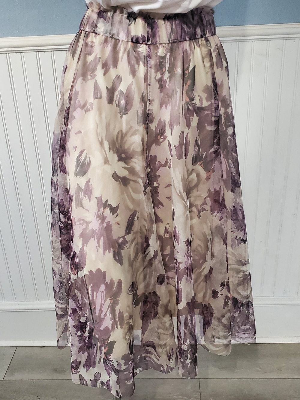 Floral Chiffon Sheer Overlay A-line Maxi Skirt in Lavender Cream Sz 18/20 Artsy